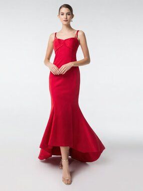Escada Couture Red Silk Gown EU 38 Gold Rhinestone Vintage Germany Trumpet Hem